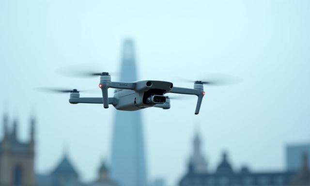 A commercial drone flying over a London cityscape