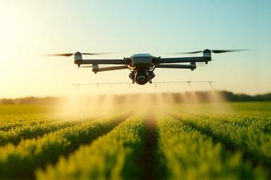 UAV flying over a structured farm performing precision spraying