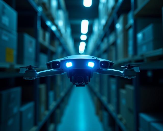 Close-up of a high-tech drone navigating through a narrow industrial gap