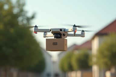 Delivery drone carrying a small package over a suburban neighborhood
