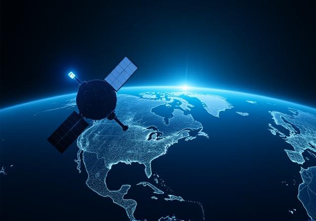 Global Positioning System satellites orbiting Earth in a futuristic grid layout